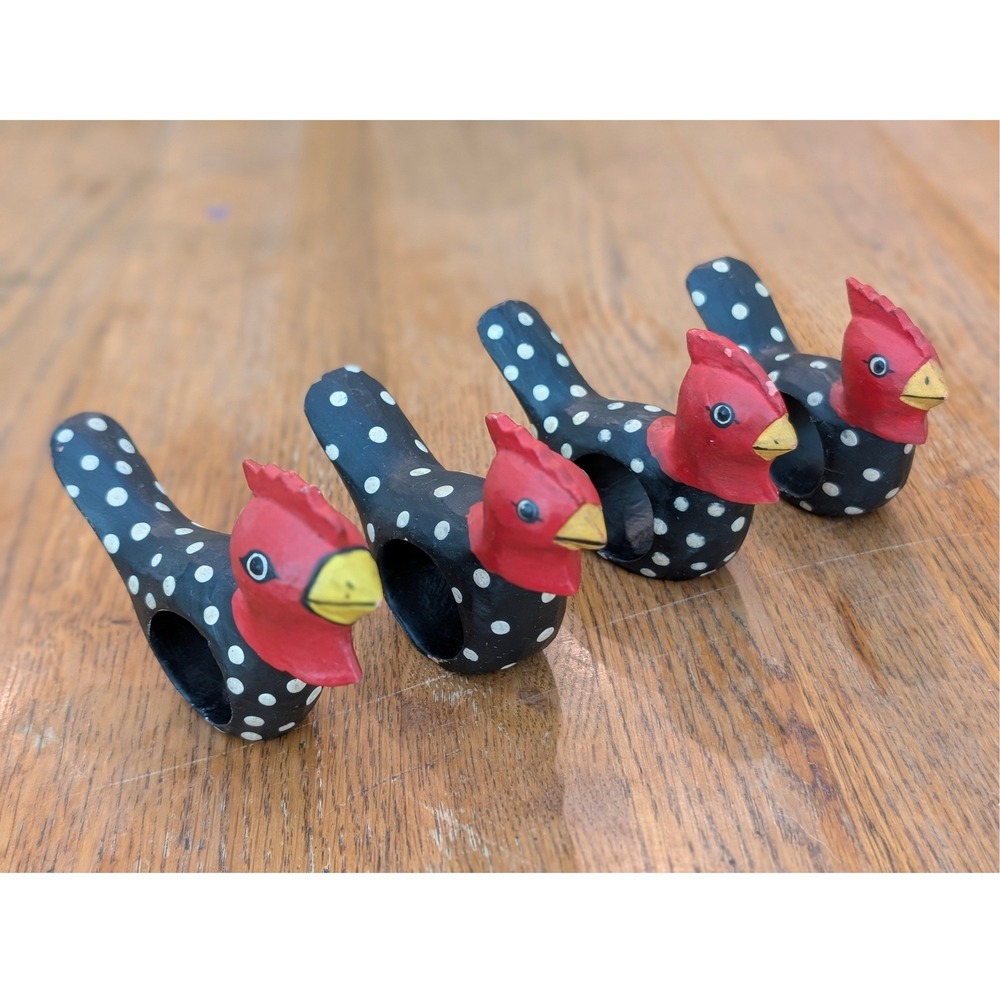 Vintage‎ Hand Painted Wooden Chicken Napkin Rings 4 Black Polka Dot Folk Art